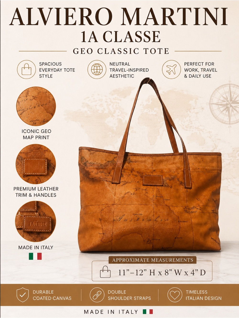 Alviero Martini 1A Classe Geo Classic Map Print Tote Bag – Made in Italy